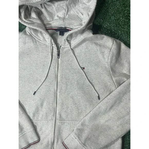 Tommy Hilfiger Jeans Crop Full Zip Hoodie Women L TG XG Grey Knit Long Sleeve - Picture 2 of 3